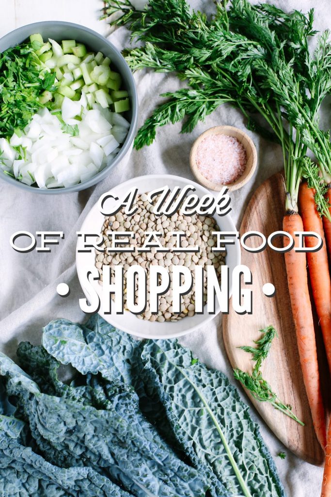 Shopping for real food: A real life example of what shopping for real food looks like each week. This is totally doable!! Plus, printable lists for ten different stores.