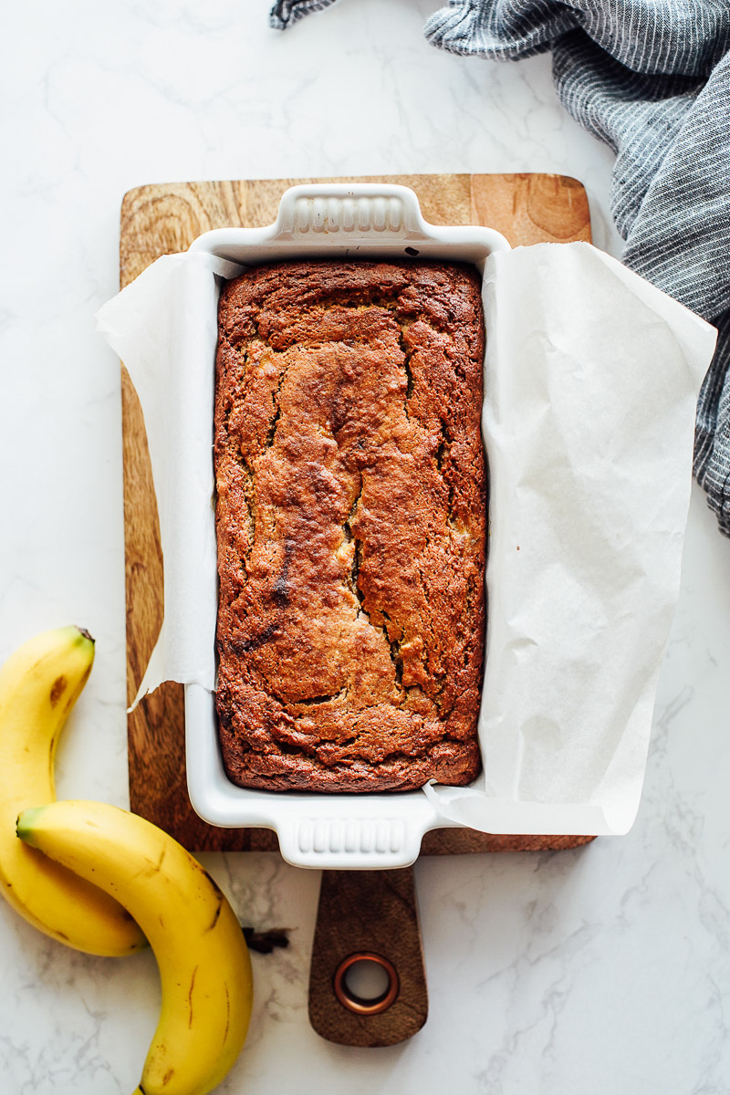 Almond flour banana bread (gluten free) in a bread pan after cooking.