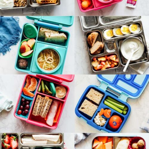 8 bento box lunches laid out with different foods packed inside each one.