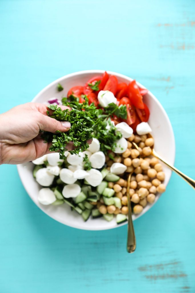 A no-cook chickpea salad recipe that only calls for a few simple ingredients. This salad is a perfect make-ahead lunch or dinner option.