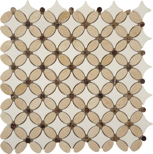 Crema Marfil, Emperador Dark and Thassos White Beige Flower Stone Tile Euro Glass