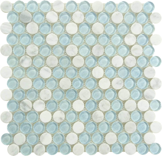 Marbello Freezon Blue Glass and Stone Penny Round Tile Euro Glass