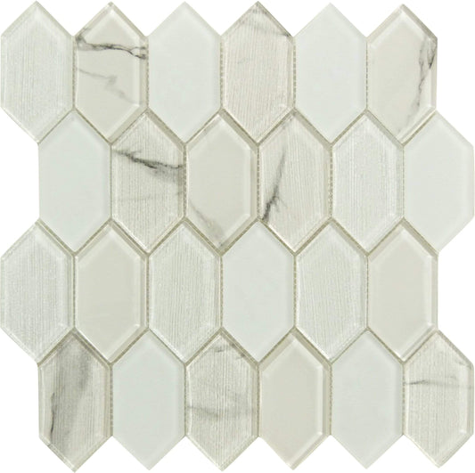 Pascal Abode Essential Aurian White Elongated Hexagon Glass Tile Euro Glass