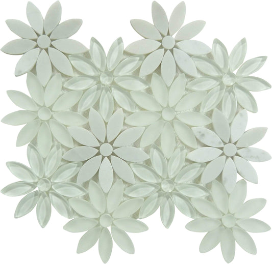 Daisy Field White Glass & Stone Mosaic Tile Euro Glass