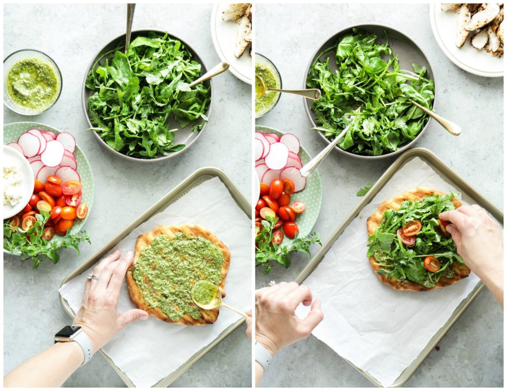 An easy and light summer meal featuring grilled pizza dough, homemade pesto, and fresh toppings.
