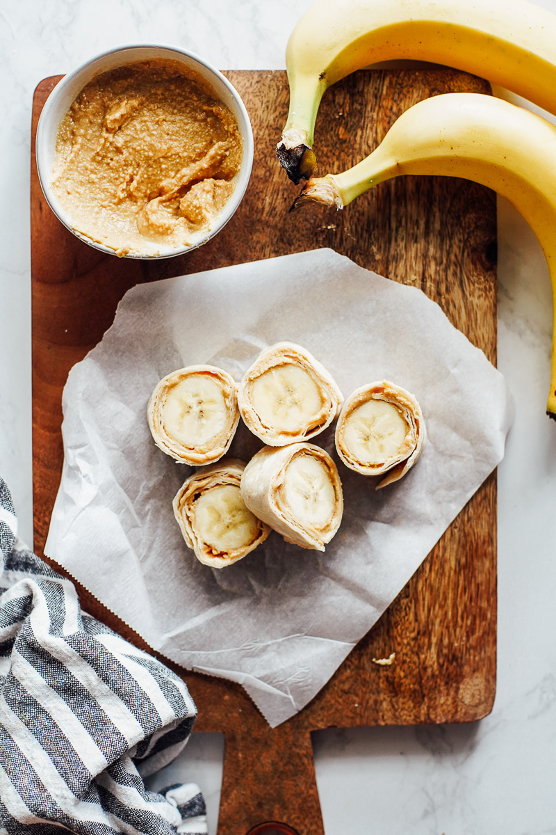 Banana sushi rolls: banana rolled up in a tortilla with peanut butter.
