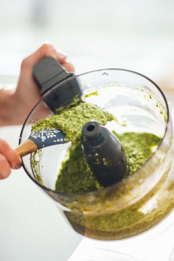 This pea shoot and pumpkin seed pesto is a unique twist on traditional basil pesto. It's nut-free and basil-free pesto and is so delicious.