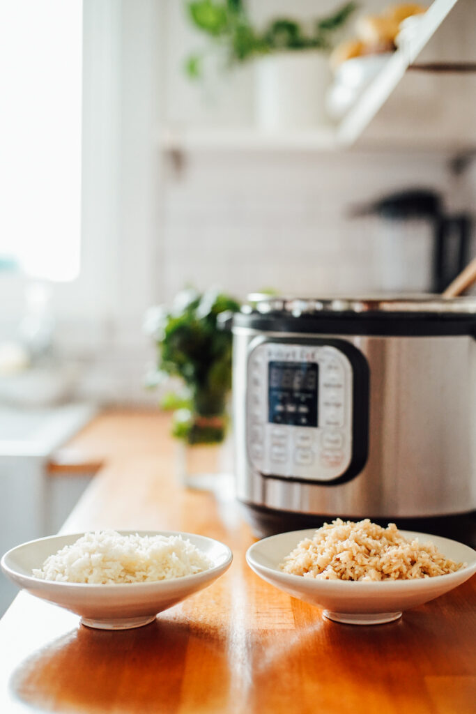 Bowls of fluffy brown and white rice cooked in the Instant Pot.