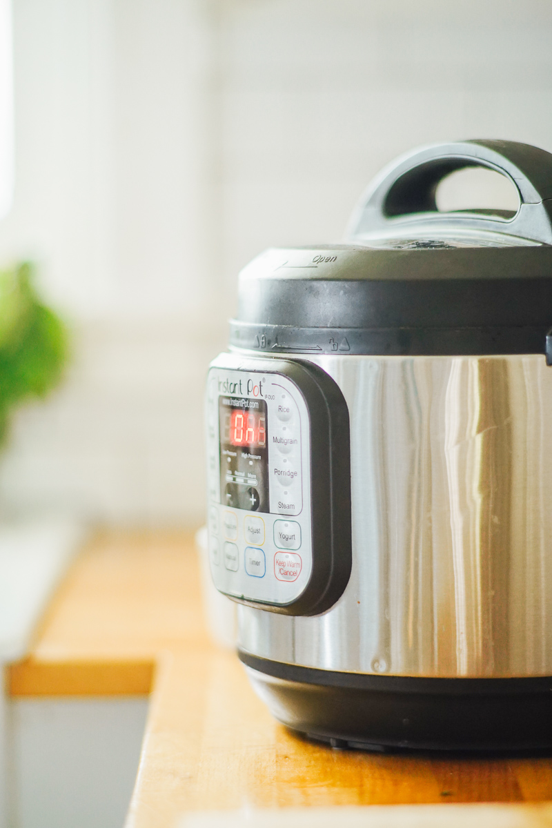 Instant Pot on the counter, cooking the soup.