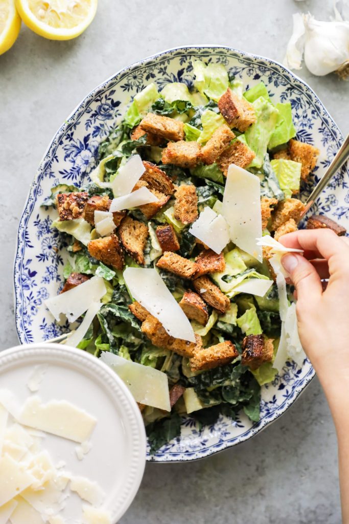 The BEST caesar salad I've ever had! So creamy. Made with real food ingredients. And the salad is super easy to make (including the homemade croutons).