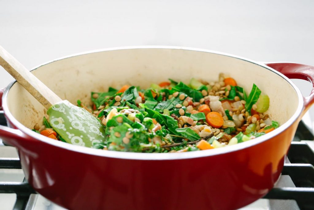 Hearty Lentil Soup with Bacon and Collards
