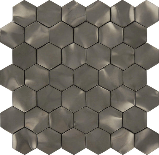 3D Gun Metal Grey 2" x 2" Hexagon Metal Tile Millenium Products