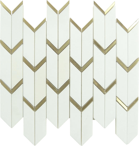 Dolomite White Marble and Gold Metal Chevron Stone Tile Tuscan Glass