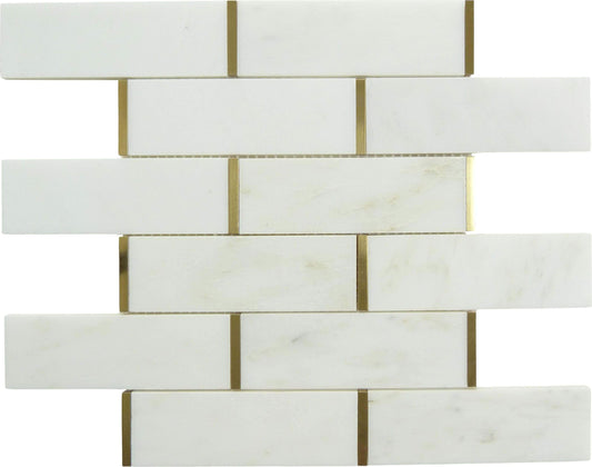 Natural Bianco White and Gold Metal Brick Subway Stone Tile Tuscan Glass