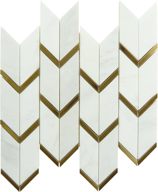 Natural Bianco White and Gold Metal Chevron Stone Tile Tuscan Glass