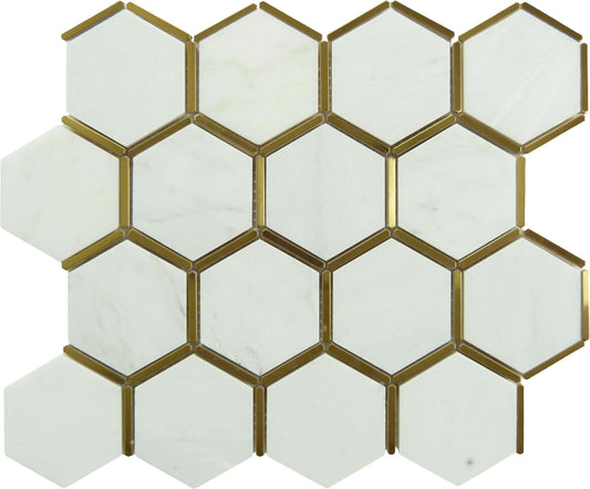 Natural Bianco White and Gold Metal Honeycomb Hexagon Stone Tile Tuscan Glass