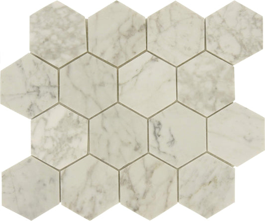 Glacier White Carrara Hexagon Polished Stone Tile Tuscan Glass