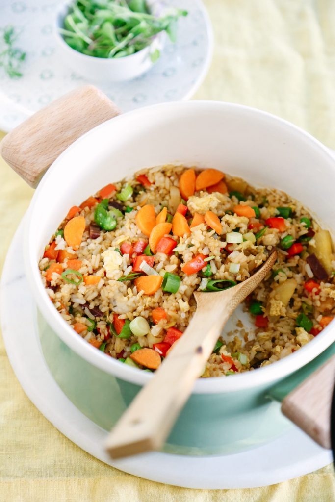 By easily prepping your rice a head of time, this 15-Minute Vegetarian Fried Rice recipe will soon become a family favorite as an easy dinner idea every week!